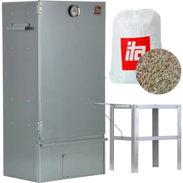 ITA Räucherofen 7005, Smoker Set mit Tisch, Edelstahl, 81 cm, 3 Etagen, inkl. Thermometer und 1 kg Räucherspäne, EU Qualität