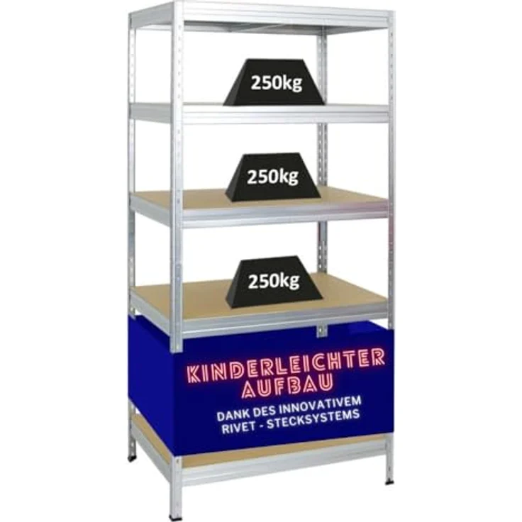 Proregal Schwerlastregal Rivet, 180 x 90 x 60 cm, 5 verstellbare Böden, Traglast 250 kg, verzinkt, kinderleichter Steckaufbau – Bild 1