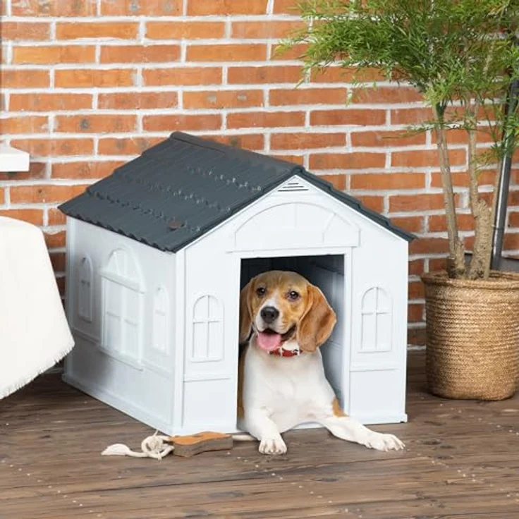 PawHut Hundehütte, Hundehaus mit Satteldach, wetterfest für mittelgroße Hunde unter 20 kg, Outdoor, 65 x 75,7 x 63 cm, Grau – Bild 2