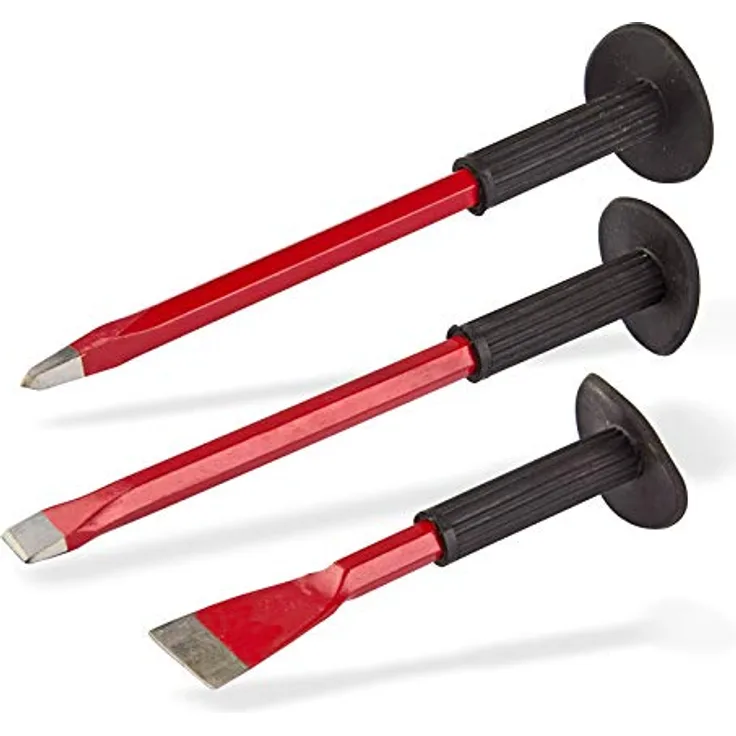 DEMA Meißel-Set 3-tlg. – Spitzmeißel, Flachmeißel und Breitmeißel mit abnehmbaren Handschutz, Rot/Schwarz