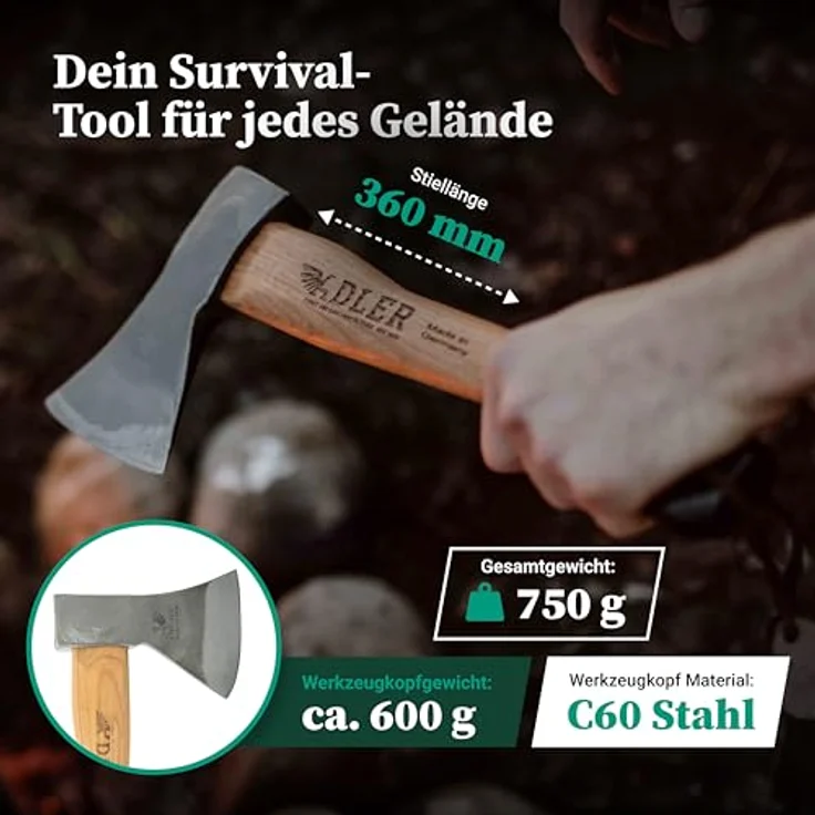 Adler Rheinlandbeil inkl. Lederschutz: Geschmiedetes Holzbeil aus C60-Stahl, Holzaxt mit 36 cm Hickory-Stiel, Anti-Rutsch Outdoor-Beil, Survival Axt für Camping & Wandern, Rot/schwarz, 600 g – Bild 2