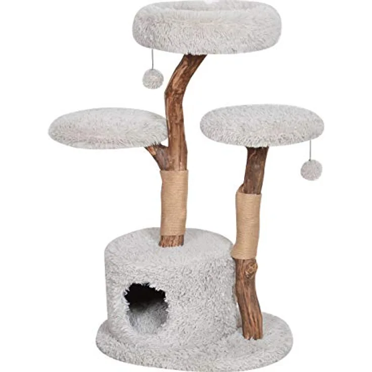 Dehner Premium Lovely Katzen-Kratzbaum Aufsteigen & Abschalten, ca. 110 x 60 x 45 cm, Holz/Plüsch/Sisal, hellgrau