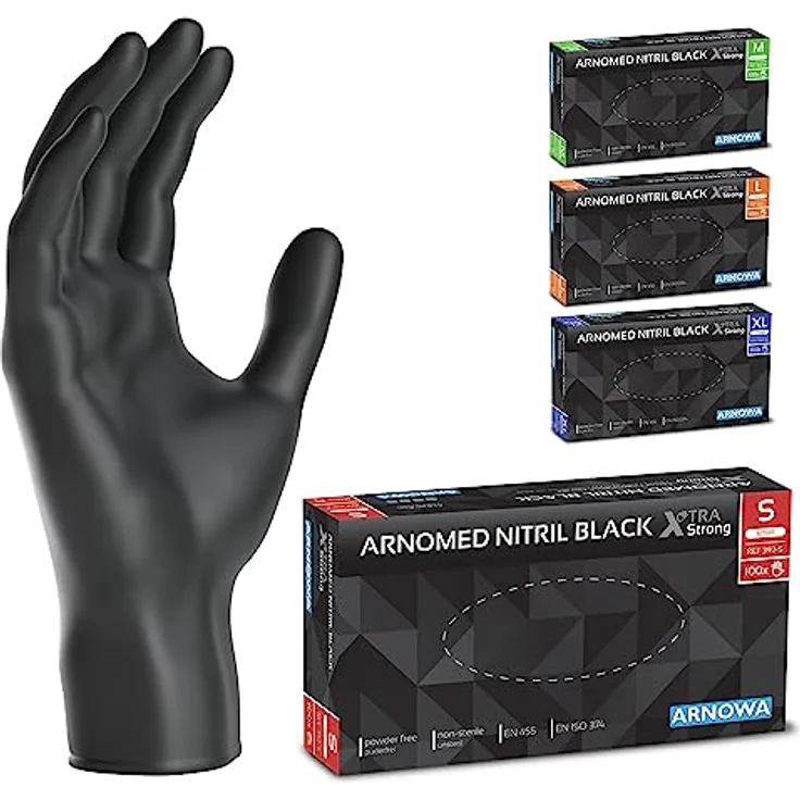 ARNOMED Nitrilhandschuhe Schwarz XTRA STRONG, Extra dicke Einweghandschuhe S, 100 Stk. Box, latexfrei, puderfrei, reißfest & hautfreundlich – Bild 1