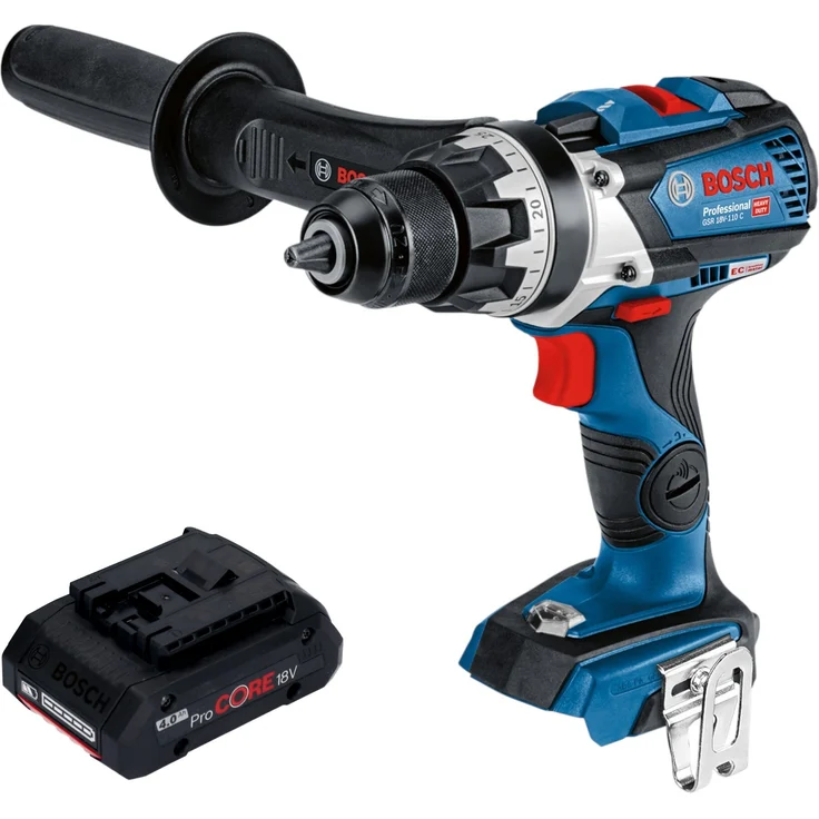 Bosch GSR 18V-110 C Professional Akku Bohrschrauber 18 V 110 Nm Brushless + 1x ProCORE Akku 4,0 Ah - ohne Ladegerät, EC Brushless Motor, Kickback Control, 2 Gänge, Arbeitsleuchte