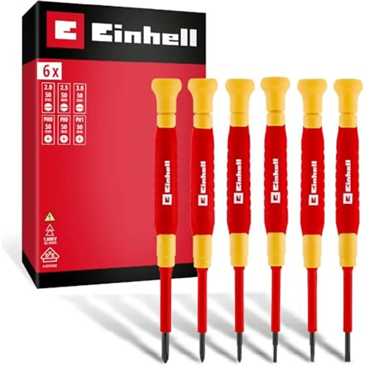 Einhell Elektriker-Feinmechaniker-Schraubendreher-Set 6-tlg., isoliert bis 1.000V, ergonomische Griffe, S2-Klingen, kompakte Bauform, rot-gelb