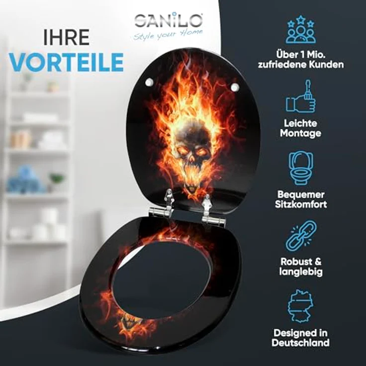 Sanilo WC Sitz Totenkopf in Flammen, Holz mit Absenkautomatik und antibakterieller Oberfläche, 47x37,7 cm – Bild 3