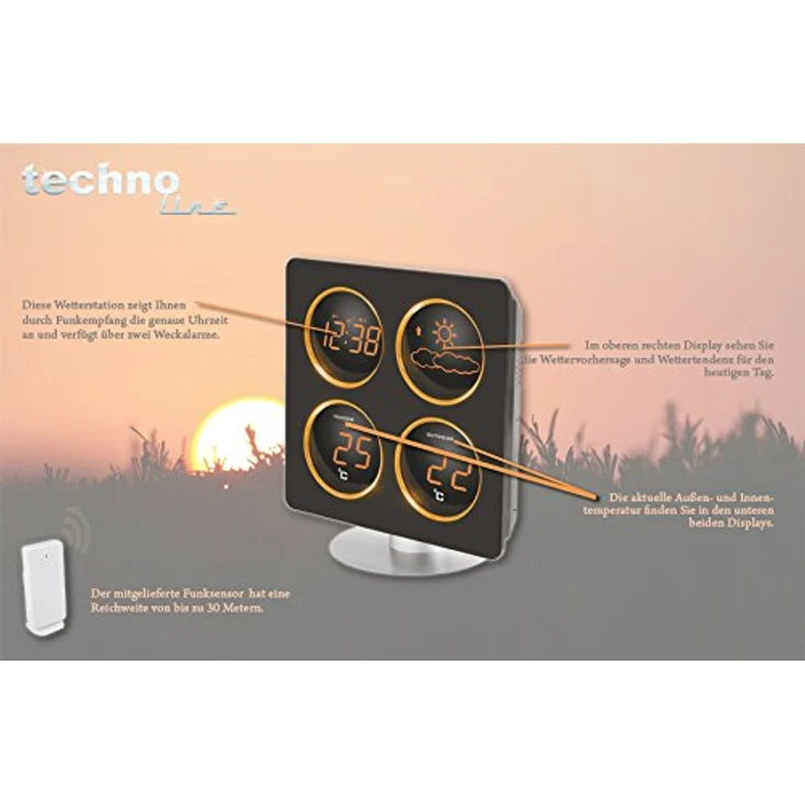 Technoline WS 6830 Wetterstation mit Wetterdendenz, Temperaturanzeigen, 2 Weckalarmen und Schlummerfunktion, LED-Anzeige, inklusive mit Außensender TX 96-TW004, warmes orange, Gehäuse schwarz – Bild 2