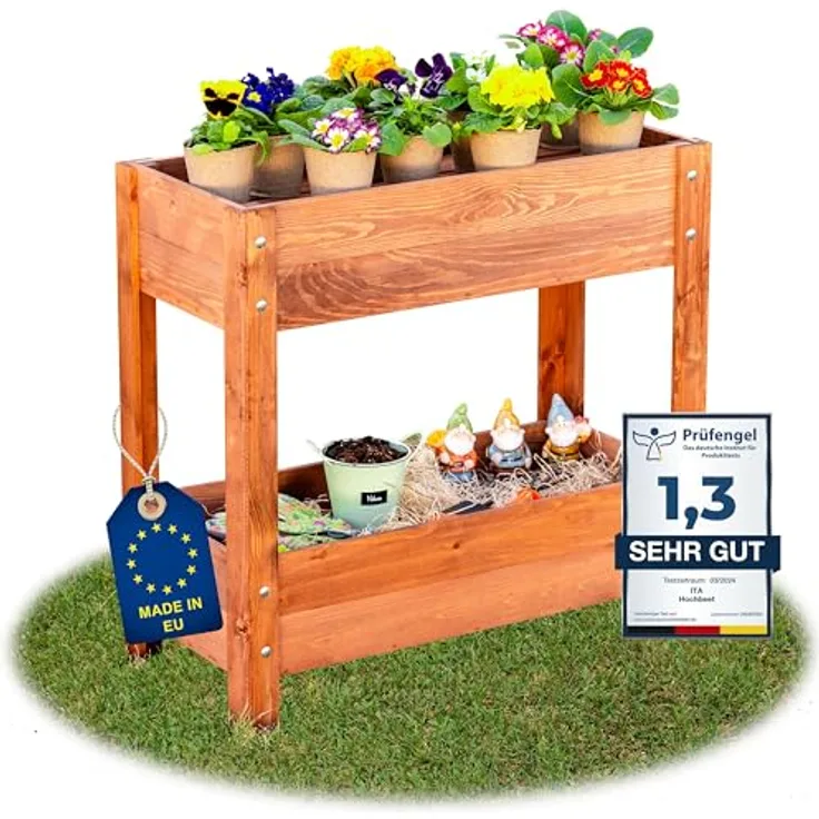 ITA Hochbeet aus Holz 80x37x78 cm - Pflanzkasten mit 2 Ebenen & Innenfolie - Made in EU - Direkt vom Hersteller - FSC Kiefernholz - Braun