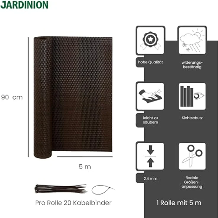 Jardinion Sichtschutzmatte Rattan Optik, 0,90 x 5m, Braun-Mix, wetterfest und pflegeleicht – Bild 3
