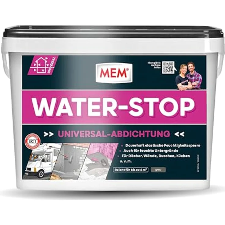 MEM Water Stop, Universalabdichtung und Feuchtigkeitssperre, für Innen- und Außenanwendung, Lösemittel-, silikon- und bitumenfrei, Grau, 14 kg – Bild 1