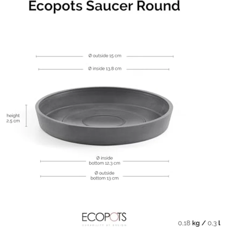 Ecopots Amsterdam Blumentopf-Untersetzer, Ø 15 cm, Höhe 2,5 cm, Kunststoff, grau, für runde Blumenkübel – Bild 3