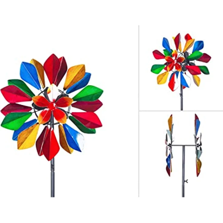 Kinetic Art Windspiel Metall Windrad Multi-Colored Flower, kugelgelagert mit Bodenanker, wetterfest und wartungsfrei, ideal für Terrasse und Garten – Bild 3
