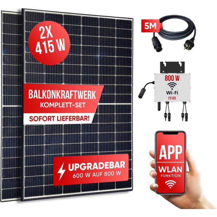 Jet-Line Balkonkraftwerk Solar Balkonsolaranlage 830W Module, drosselbar auf 600W, Wifi Smart Wechselrichter, weiß