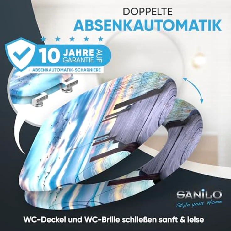 Sanilo WC Sitz Sunset, Holz-Toilettendeckel mit Absenkautomatik, antibakterieller Oberfläche, 47x37.7 cm – Bild 3