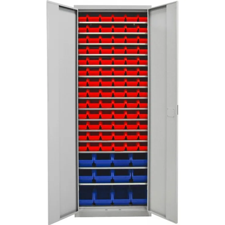 Regalschrank mit Tür, 15 Fachböden, 90 Lagersichtkästen Gr.3 - Gr. 2L
