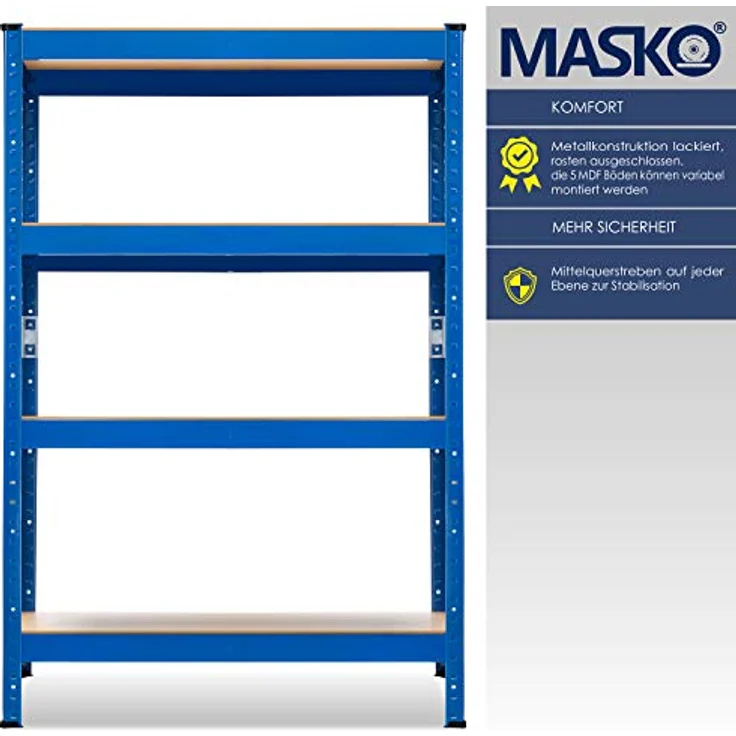MASKO 2er-Set Lagerregal Schwerlastregal, Kellerregal , bis 875 kg belastbar, 5 verstellbare Ablagen, MDF-Platten Regal aus Metall, Steckregal, Werkstattregal, Keller, Garage 2x 160x80x40cm 4-Böden, 2x Blau 700kg – Bild 3