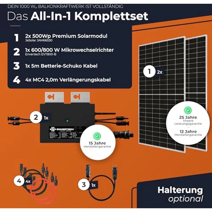 Solarway 1000W Balkonkraftwerk 800W Komplettset - 500W Solarmodule & Envertech - Steckdose - 800 Watt Wechselrichter - Genehmigungsfrei - Wifi Überwachung - Schwarz – Bild 2