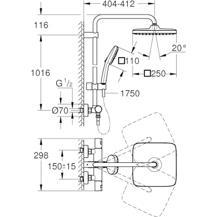 Grohe Vitalio Comfort 250 Duschsystem mit Thermostatbatterie, Handbrause Vitalio Comfort 110, schwenkbarer Brausearm, inkl. Monitoreinstellung, Antikalk-System – Bild 4