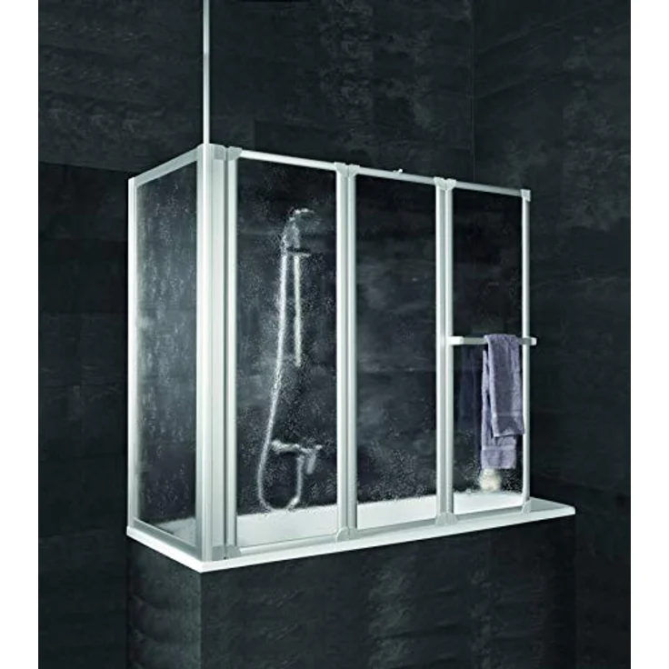 Schulte Duschwand für Badewanne 127 x 140 x 75 cm, Kunstglas mit Softline-Dekor, Aluminium natur, Wandanschluss schwenkbar – Bild 3
