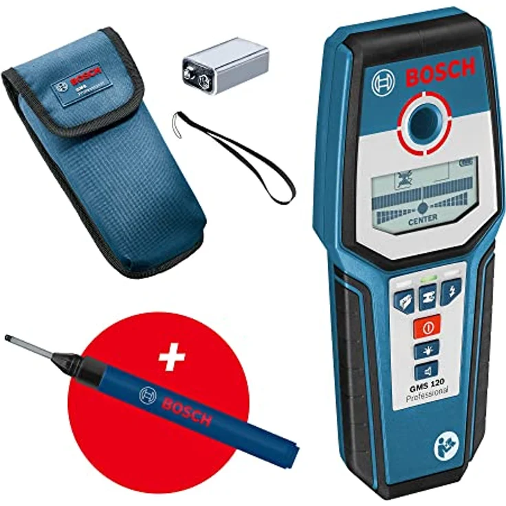 Bosch Professional digitales Ortungsgerät GMS 120 (Bohrlochmarker, max. Detektionstiefe Holz-Eisenmetalle-Nichteisenmetalle-spannungsführende Leitungen 38-120-80-50 mm) - Amazon Exclusive Set – Bild 2