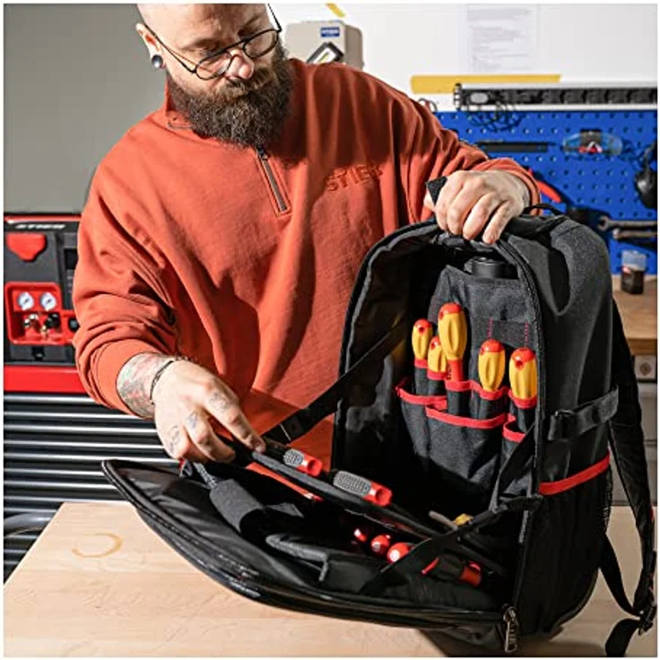 STIER Rucksack-Trolley für Werkzeuge, mit Vordertasche, Fächern und elastischen Bändern zur organisierten Werkzeugaufbewahrung, schwarz – Bild 4
