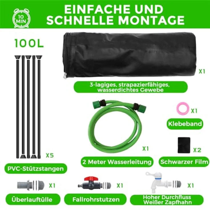 Mucola Regenwassertonne 100L faltbar mit Hahn, inkl. 2m Wasserschlauch, witterungsbeständig, mit Überlaufschutz und Reißverschlussdeckel – Bild 5