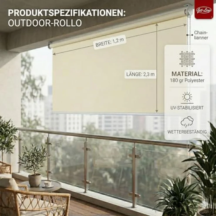 Jet-Line Sichtschutzrollo Außenrollo Sonnenschutz Windschutz Outdoorrollo Terrasse Zimmer Garten Fenster Balkon Garten Windschutzrollo 1.0 x 2.3 m in beige – Bild 3