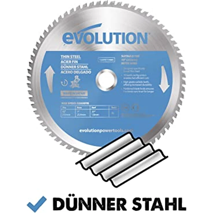Evolution (T255TCT-70MS) - 255 mm Sägeblatt zum Schneiden von Dünnstahl - Metall-Sägeblatt Hartmetallbestückung erzeugt praktisch keine Hitze, Grate oder Funken – Bild 2
