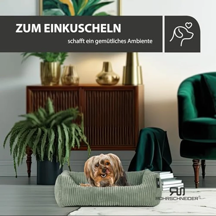 Rohrschneider Hundebett waschbar | für kleine und mittelgroße Hunde | mit Hundekissen Cord | 2 Größen (ca. 55x42 cm/ca. 70x50 cm) inkl. Gassibeutel (Salbei 55 cm, Cordstoff breit) – Bild 5