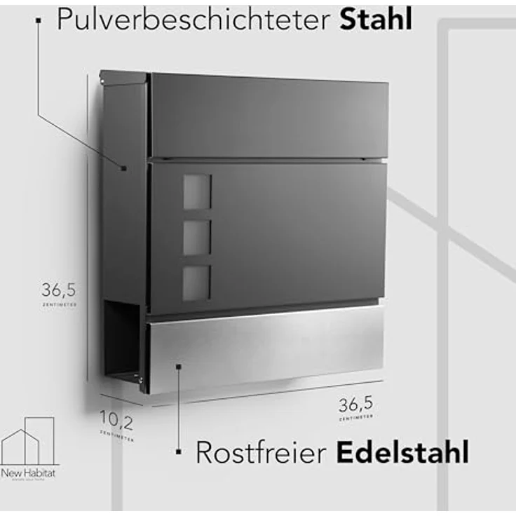 NewHabitat Wandbriefkasten Anthrazit mit Zeitungsfach und Sichtfenster, rostfrei und UV-beständig, inkl. Montagematerial – Bild 2