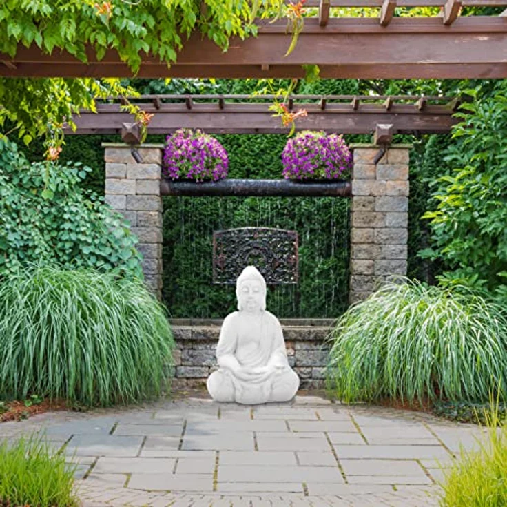 Relaxdays Buddha Figur sitzend, 70 cm hoch, XL wetterfest & frostsicher, Deko Skulptur für Garten und Wohnzimmer, weiß – Bild 2