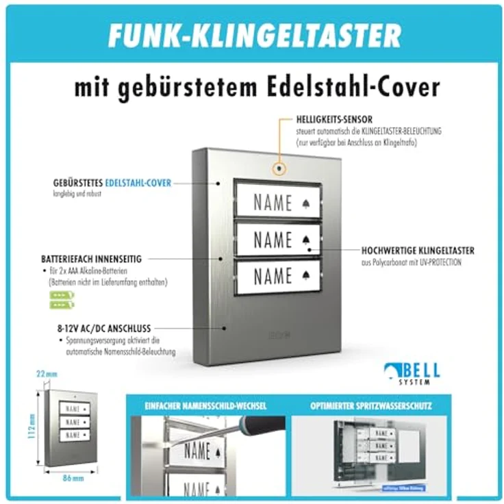 m-e Türklingel m-e modern-electronics 100171 Funkklingel Komplett-Set mit beleuchtetem Namensschild und 16 Melodien, Edelstahlgehäuse – Bild 5