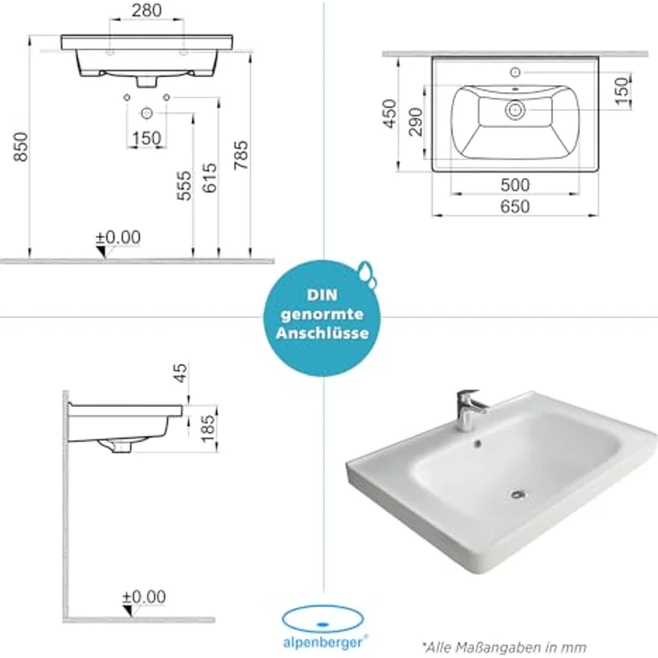 Alpenberger Waschbecken 65 cm Breit | Gäste WC & Badezimmer | Waschtisch Eckig | Hängewaschbecken Wandmontage | Handwaschbecken mit Nano | Bathroom Sink für Moderne Waschplätze – Bild 3
