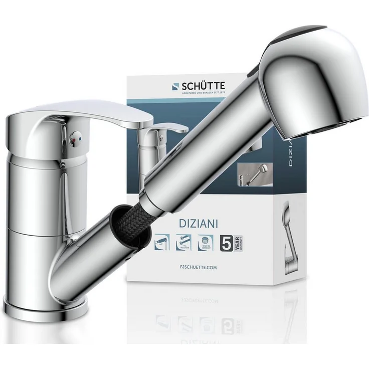 Schütte Spültischarmatur DIZIANI, Küchenmischbatterie mit 90° schwenkbarem Auslauf und ausziehbarer Geschirrbrause, Chrom