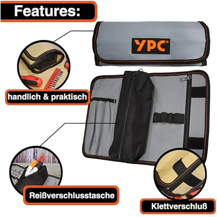 YPC VarioRoll M, rollbare Werkzeugtasche 36x25cm mit 2 Reißverschlusstaschen, 4 Steckfächern und 4 Schlaufen, wasserfestes Oxford 600D Polyester, ideal für Schraubendreher und Outdoor-Abenteuer – Bild 5