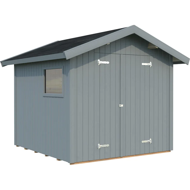 Palmako Gerätehaus Nils, 5,4 m² aus nordischem Fichtenholz, 16 mm hellgrau lackiert mit Doppeltür und Fenster