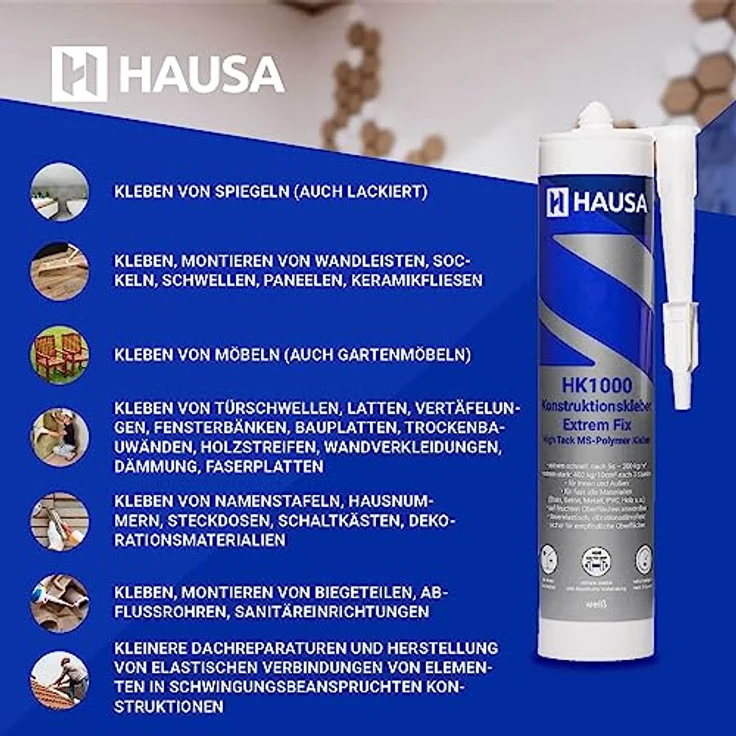 Hausa HAUSA High-Tack Montagekleber 24x 290ml weiß - extrem starker Alleskleber für Metall Stein Holz Spiegel elastischer MS Polymer Konstruktionskleber HK1000 für Innen Außen nasse trockene Oberfläche – Bild 5