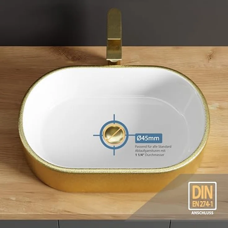 Planetmöbel Aufsatzwaschbecken Aquil, ovales Badezimmer Waschbecken 55 cm, glänzende goldene Oberfläche für Waschtisch – Bild 3
