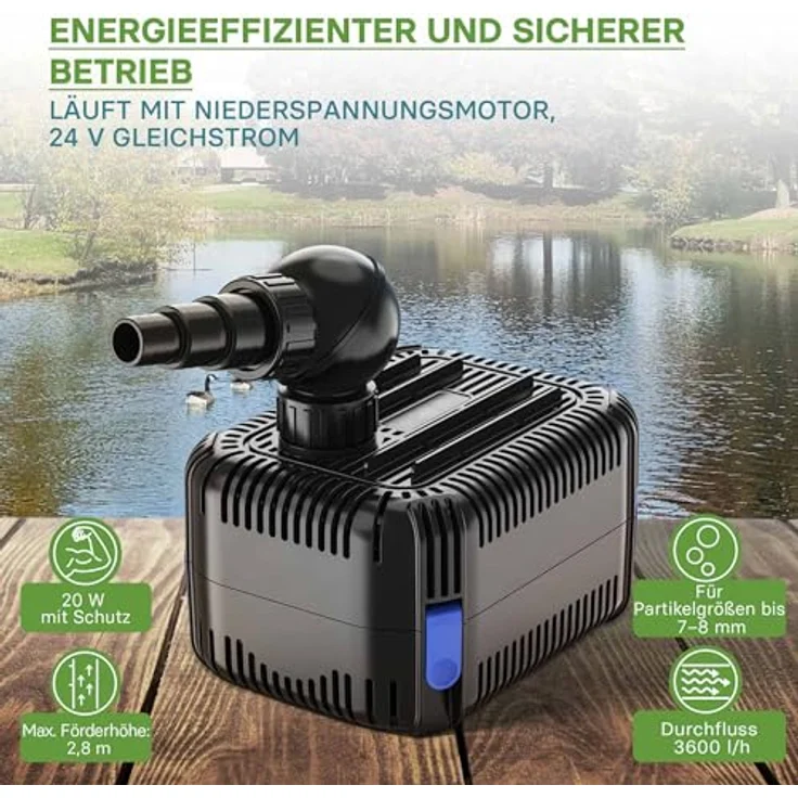 SunSun CDF-3800 Teichpumpe 24V DC, 3600 l/h, 20 W, mit Blockier- und Trockenlaufschutz, Gartenteichpumpe, Gleichstrompumpe – Bild 3