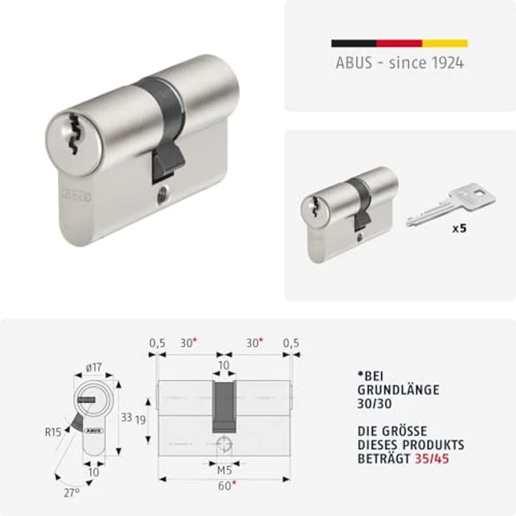 ABUS Profil-Zylinder E30NP 35-45 mit 5 Schlüsseln, 59813 – Bild 4