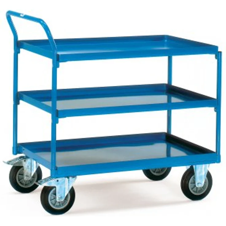 Fetra Tischwagen, Ladefläche 1000 x 700 mm, pulverbeschichtet in brillantblau, Tragkraft 400 kg, mit 3 Stahlblechwannen – Bild 2