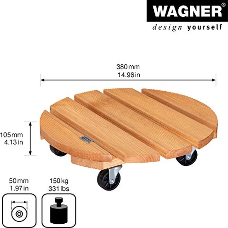 WAGNER Pflanzenroller Toscana Ø 38 cm I Pflanzenroller & Blumenroller für Außenbereich + Innenbereich, Kiefer Terracotta I Kübelroller aus Holz I Tragkraft 150 kg I Made in EU 20016301 – Bild 4