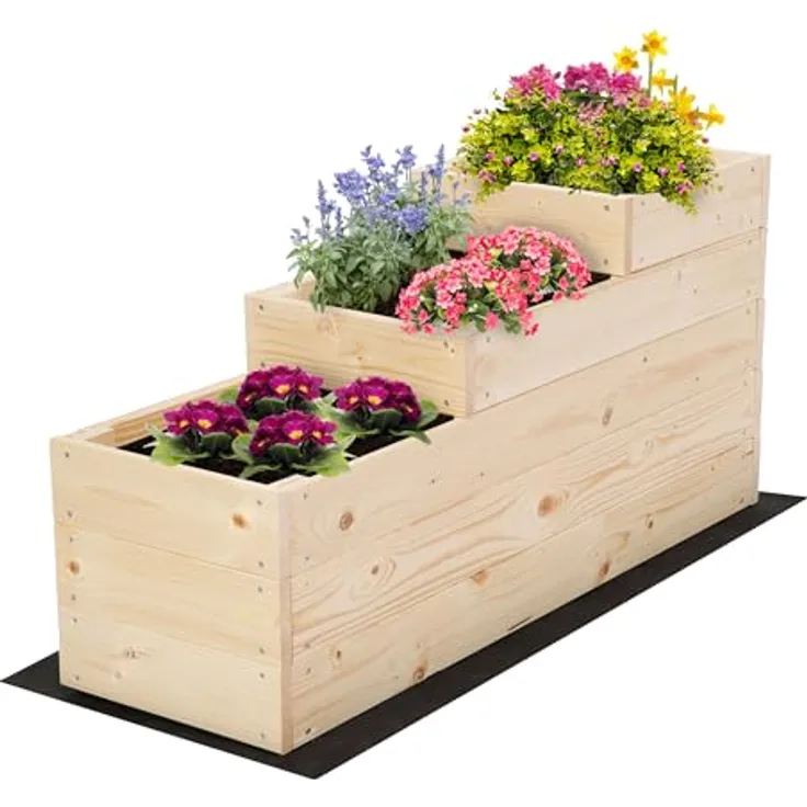 MODO24 Hochbeet Holz 3-stufiger Pflanzkasten, Gemüsebeet mit Gartenvlies und einfacher Montage, Abmessungen 45x30x93 cm, Farbe: Natur