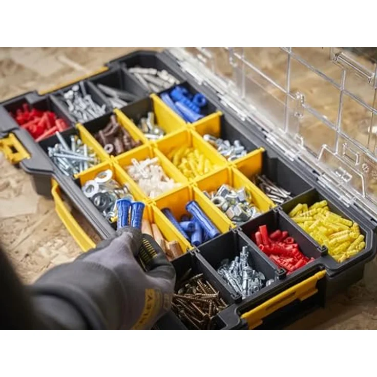 STANLEY FMST17838-1 PRO-STACK™ 2/3 Organiser, transparent mit herausnehmbaren Trennwänden und stapelbarem Design – Bild 6