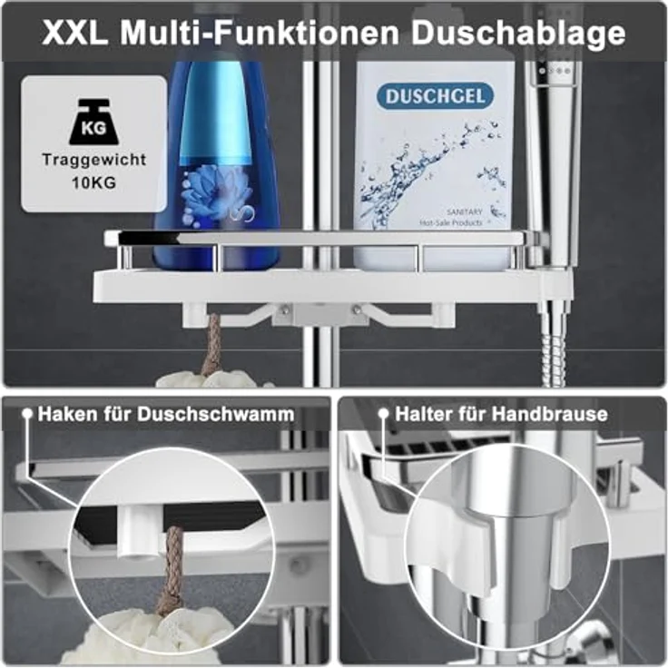 Görbach Edelstahl Duschset Regendusche mit verstellbarer Duschstange, Kopfbrause 20 cm, Duschablage Chrom und Massiv Messing Umschaltventil – Bild 5