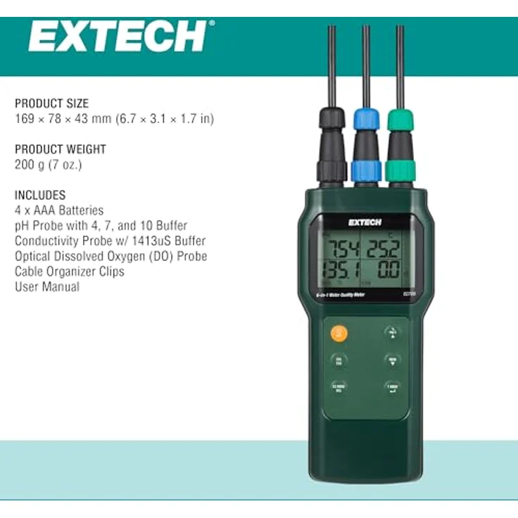 Extech EC700, 6-in-1 Wasserqualitätsmessgerät mit pH-Wert, Salinität und Leitfähigkeit, großes LCD-Display, 99 Speicherplätze – Bild 7