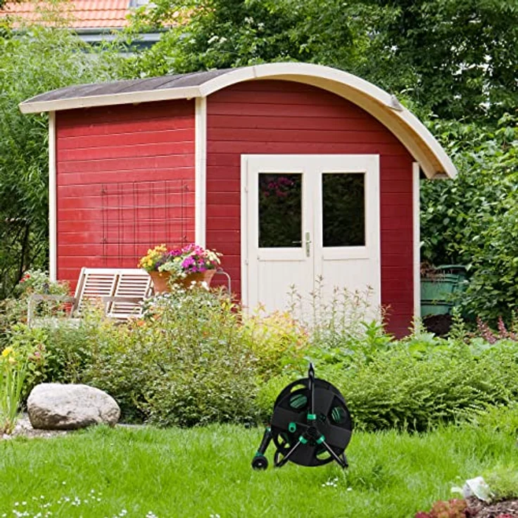 Relaxdays Schlauchtrommel 30m, Wasserschlauchaufroller leer für Garten, Camping o. Balkon, HBT 39x43x30 cm, schwarz-grün – Bild 3
