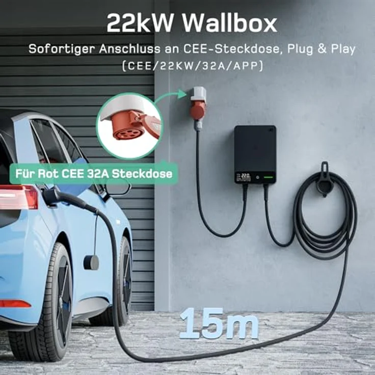 dé Wallbox 22kW, 3-Phasen EV-Ladegerät mit App, 15m Typ 2 Ladekabel, RCD Typ-B & IP54-Schutz, effiziente Ladestation für Zuhause, Schwarz – Bild 2