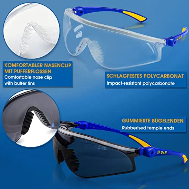 S&R Arbeitsschutzbrille transparente und getönte Sicherheits-Gläser, stoßfest, UV400 Schutz, (2St., 2 tlg. mit einem Reinigungstuch und einer robusten Tasche), verstellbare Bügel, EN 166, Sicherheitsbrillen, Komfort-Line – Bild 2