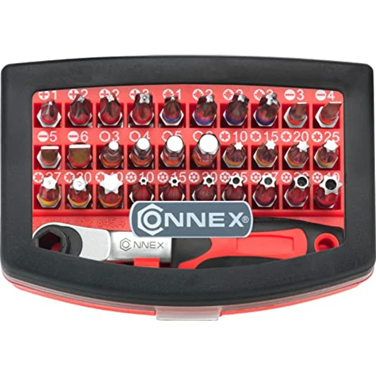 Connex Bit-Set 32-teilig mit Bithalter Ratsche, PH PZ Schlitz Sechskant TX TR, Profiqualität S2 mit Aufbewahrungsbox – Bild 2